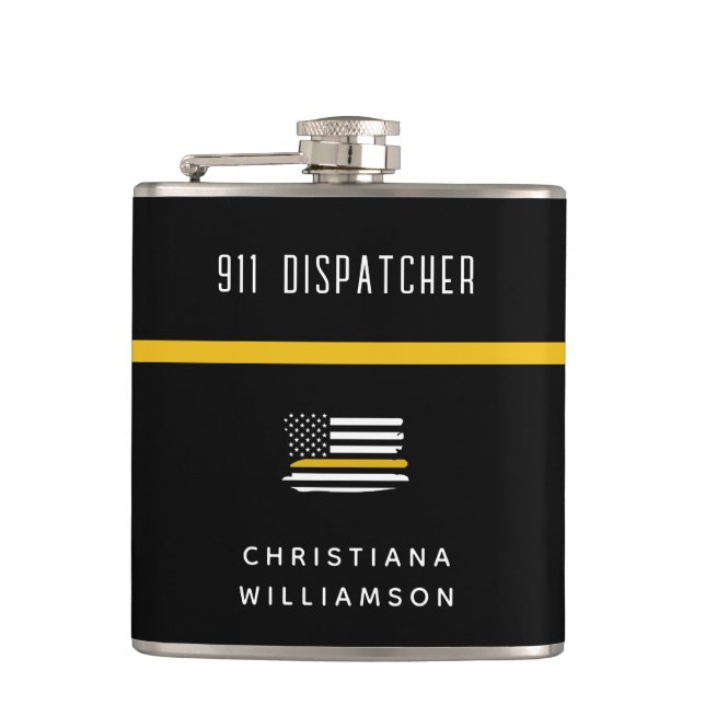 Personalized Thin Gold Line Flag 911 Dispatcher  Hip Flask (Front)