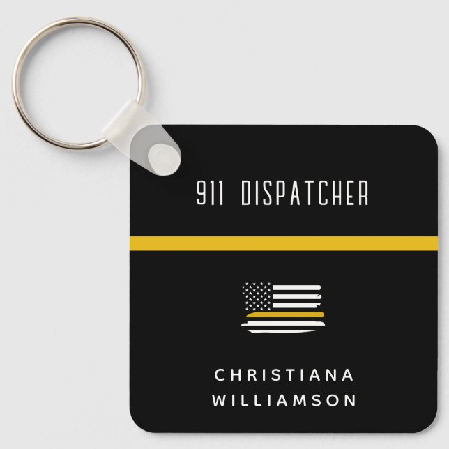 Personalized Thin Gold Line Flag 911 Dispatcher  Keychain (Front)