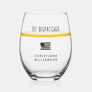 Personalized Thin Gold Line Flag 911 Dispatcher  Stemless Wine Glass