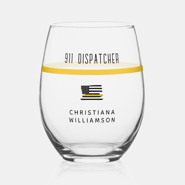 Personalized Thin Gold Line Flag 911 Dispatcher  Stemless Wine Glass (Front)