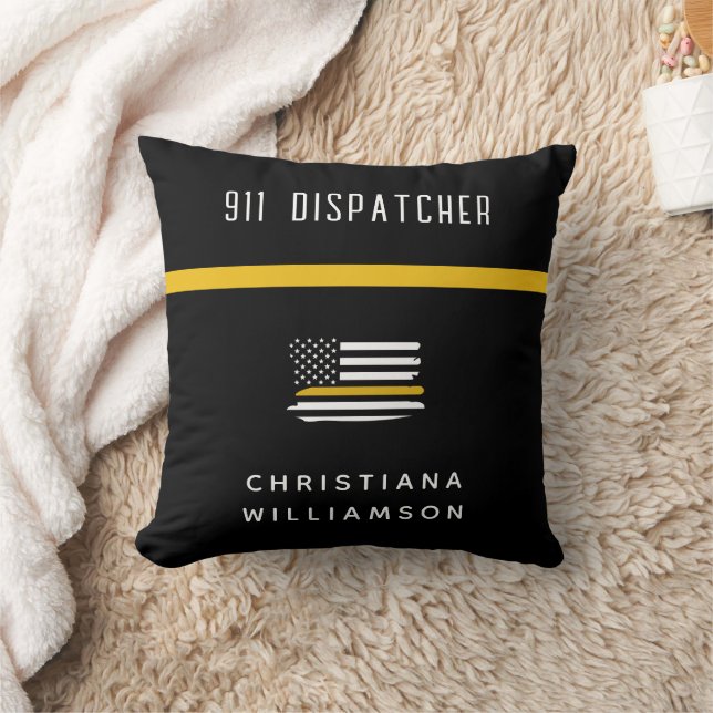 Personalized Thin Gold Line Flag 911 Dispatcher  Throw Pillow (Blanket)