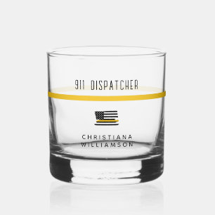 Personalized Thin Gold Line Flag 911 Dispatcher  Whiskey Glass