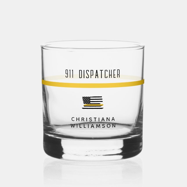 Personalized Thin Gold Line Flag 911 Dispatcher  Whiskey Glass (Front)