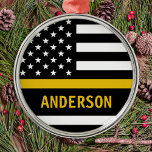 Personalized Thin Gold Line Flag US 911 Dispatcher Metal Ornament<br><div class="desc">Thin Gold Line Ornament for 911 dispatchers and police dispatchers. Personalize this dispatcher ornament with name and year. This personalized dispatcher gift is perfect for police dispatcher appreciation, 911 dispatcher thank you gifts, and dispatcher retirement gifts or party favours. Order these dispatchers christmas ornaments bulk wholesale for the police department...</div>