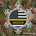 Personalized Thin Gold Line Flag US 911 Dispatcher Snowflake Pewter Christmas Ornament<br><div class="desc">Thin Gold Line Ornament for 911 dispatchers and police dispatchers. Personalize this dispatcher ornament with name and year. This personalized dispatcher gift is perfect for police dispatcher appreciation, 911 dispatcher thank you gifts, and dispatcher retirement gifts or party favours. Order these dispatchers christmas ornaments bulk wholesale for the police department...</div>