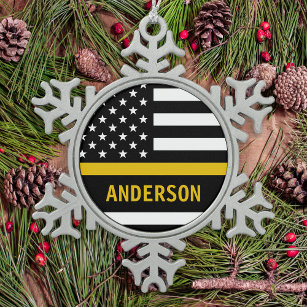 Personalized Thin Gold Line Flag US 911 Dispatcher Snowflake Pewter Christmas Ornament