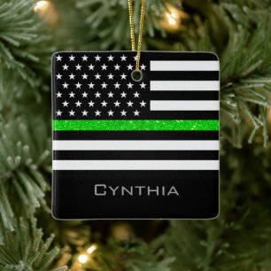 Personalized Thin Green Line Glitter Flag Ceramic Ornament