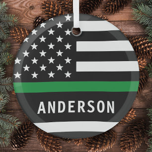 Personalized Thin Green Line Military Christmas Glass Ornament