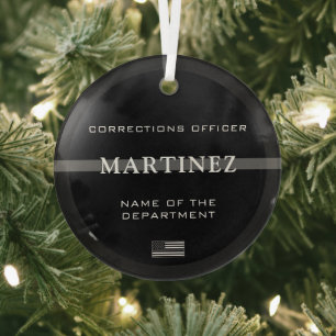 Personalized Thin Grey Line Corrections Officer Glass Ornament
