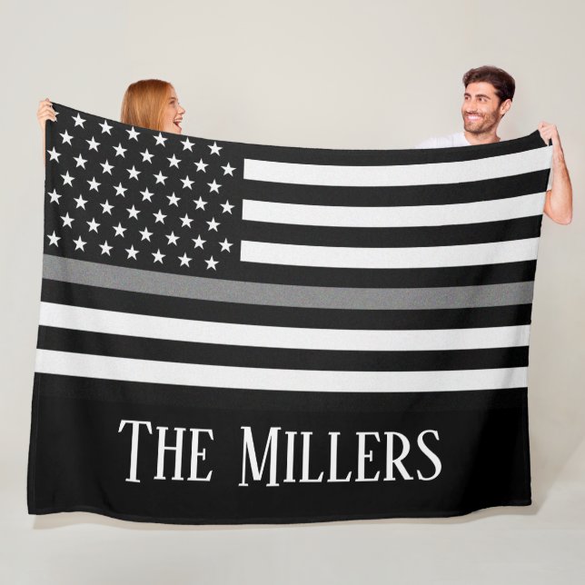 Personalized Thin Grey Line Flag Fleece Blanket (In Situ)