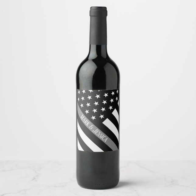 Personalized Thin Grey Line Flag Wine Label (Front)