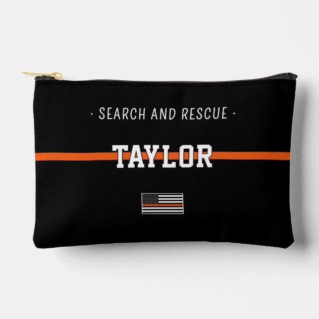 Personalized  Thin Orange Line Flag Search Rescue Accessory Pouch (Front)