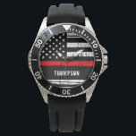 Personalized Thin Red Line Flag Firefighter Watch<br><div class="desc">Thin Red Line Firefighter Watch - American flag design in Firefighter Flag colours, distressed design . Lovely gift to your favourite firefighter or fireman. Great firefighter retirement gift or appreciation gift. Personalize with name. COPYRIGHT © 2020 Judy Burrows, Black Dog Art - All Rights Reserved. Personalized Thin Red Line Flag...</div>