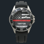 Personalized Thin Red Line Flag Firefighter Watch<br><div class="desc">Thin Red Line Firefighter Watch - American flag design in Firefighter Flag colours, distressed design . Lovely gift to your favourite firefighter or fireman. Great firefighter retirement gift or appreciation gift. Personalize with name. COPYRIGHT © 2020 Judy Burrows, Black Dog Art - All Rights Reserved. Personalized Thin Red Line Flag...</div>