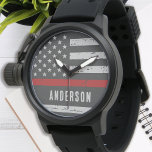 Personalized Thin Red Line Flag Firefighter Watch<br><div class="desc">Celebrate and show your appreciation to an outstanding Firefighter with this Thin Red Line Fireman Watch - American flag design in Firefighter Flag colours, distressed design . Perfect for service awards and Firefighter Graduation gifts . Personalize with fireman name. COPYRIGHT © 2020 Judy Burrows, Black Dog Art - All Rights...</div>