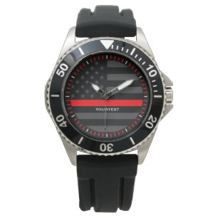 Personalized Thin Red Line Graphic Grey US Flag Watch