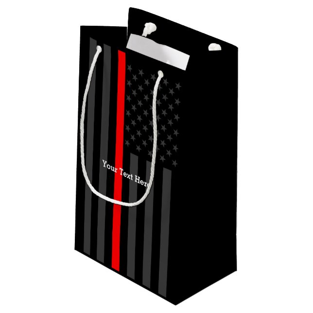 Personalized Thin Red Line Grey US Flag Decor Small Gift Bag (Back Angled)