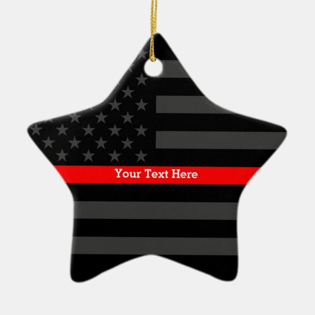 Personalized Thin Red Line Grey US Flag Your Text Ceramic Ornament (Front)