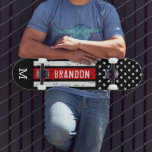 Personalized Thin Red Line Patriotic Firefighter Skateboard<br><div class="desc">Thin Red Line Skateboard - American flag in Firefighter Flag colours, distressed design . Personalize this firemen skateboard with monogram initial. This personalized fireman skateboard deck is perfect for firefighters, fireman, firefighter graduation and retirement gifts . COPYRIGHT © 2020 Judy Burrows, Black Dog Art - All Rights Reserved. Personalized Thin...</div>
