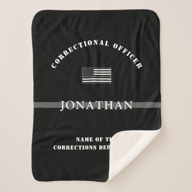 Personalized Thin Silver Line Corrections Officer Sherpa Blanket (Front)