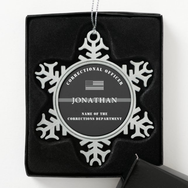 Personalized Thin Silver Line Corrections Officer Snowflake Pewter Christmas Ornament (Box)