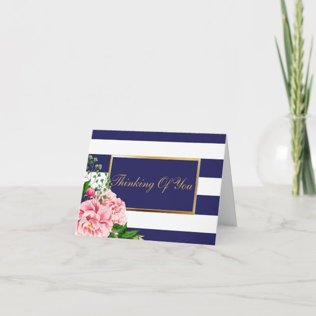 Personalized "Thinking Of You" Roses Navy Stripes Card (Front)