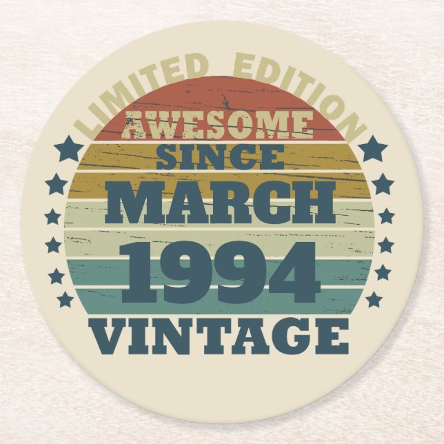 Personalized Thirty vintage 30th birthday party Round Paper Coaster (Front)