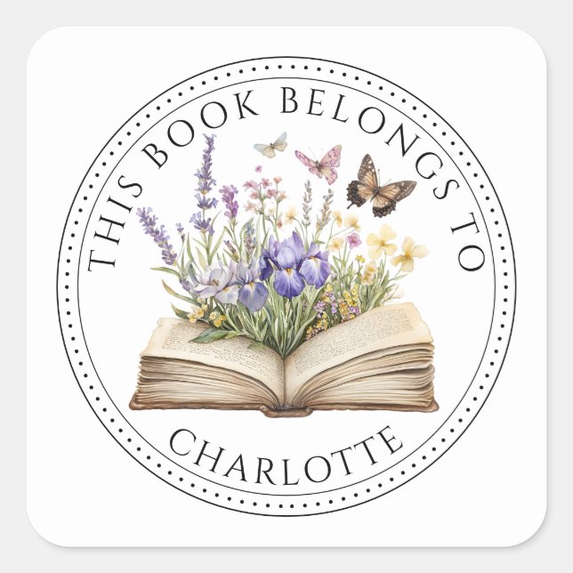 Personalized This Book Belongs To Floral Book Square Sticker (Front)