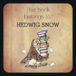 Personalized This Book Belongs to Owl Bookplate Square Sticker<br><div class="desc">Cute bookplate label stickers for book identification- 'Read This Book Belongs to' at the top in elegant lettering with custom name underneath. At the bottom is a cute owl cartoon carrying a load of books. With old, worn paper look background. Click Customize option to change text colours, size, and font...</div>