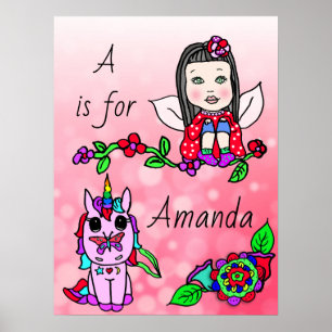 Personalized this Pretty Red  Fairy and Unicorn Poster