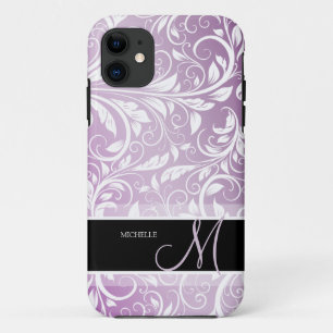 Personalized Thistle Purple & White Floral Damask iPhone 11 Case