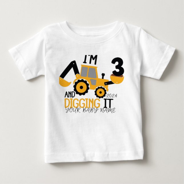    ﻿Personalized Three  3rd Birthday Construction  Baby T-Shirt (Front)