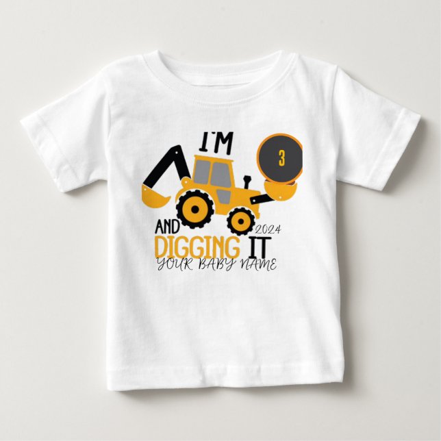    ﻿Personalized Three  3rd Birthday Construction  Baby T-Shirt (Front)
