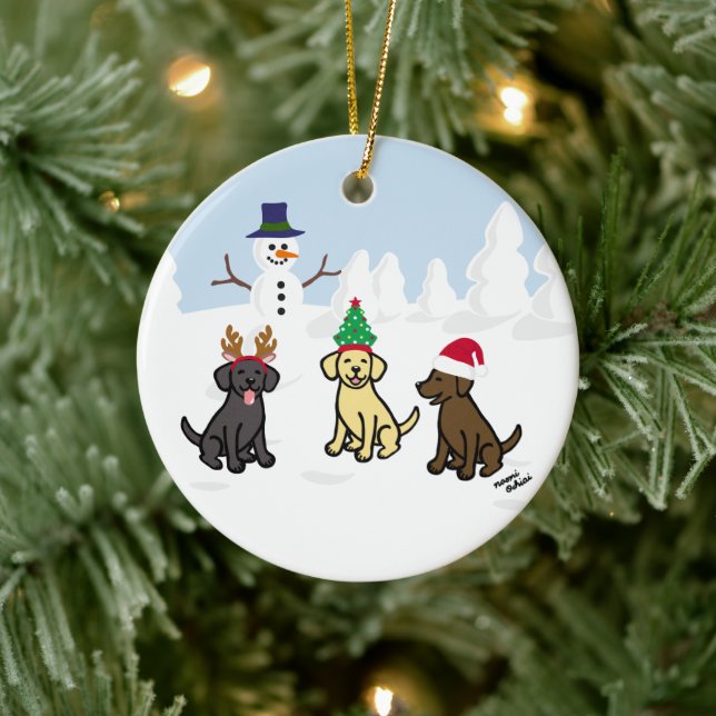 Personalized Three Labradors and Snowman Ceramic Ornament (Tree)