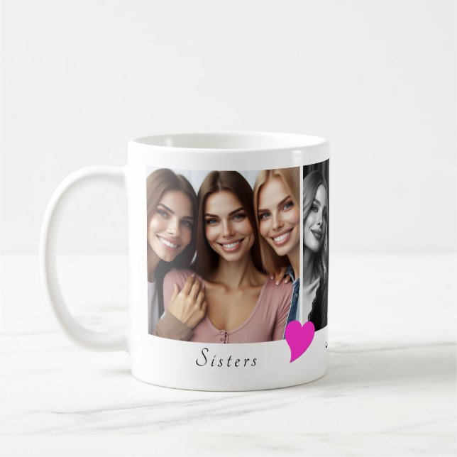 Personalized Three Photos, Hearts Sisters, Friends Coffee Mug (Left)