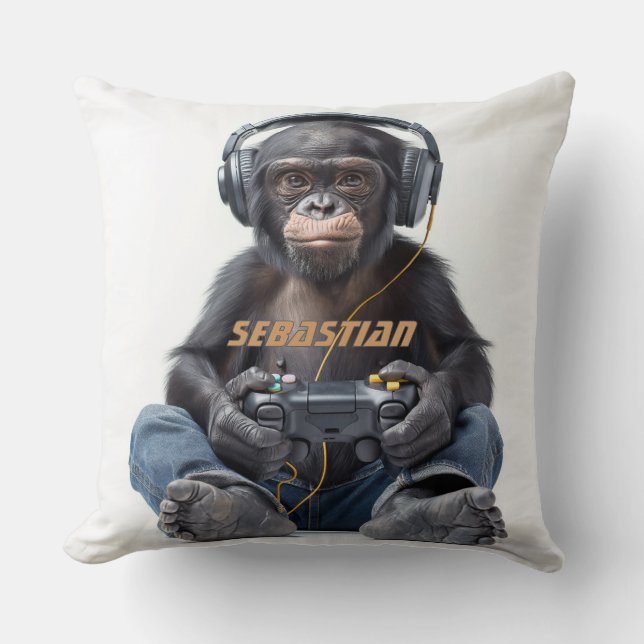 Personalized Throw Pillow Gamer Chimp for Kids (Front)