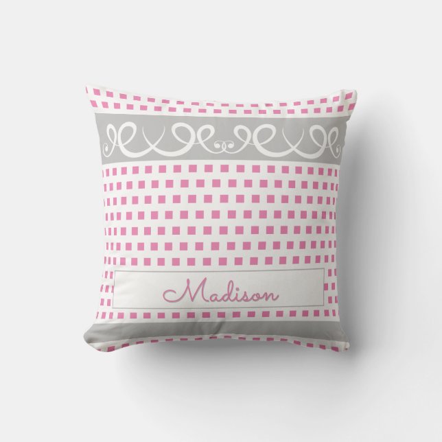Personalized Throw Pillow with Pink Squares Design (Front)