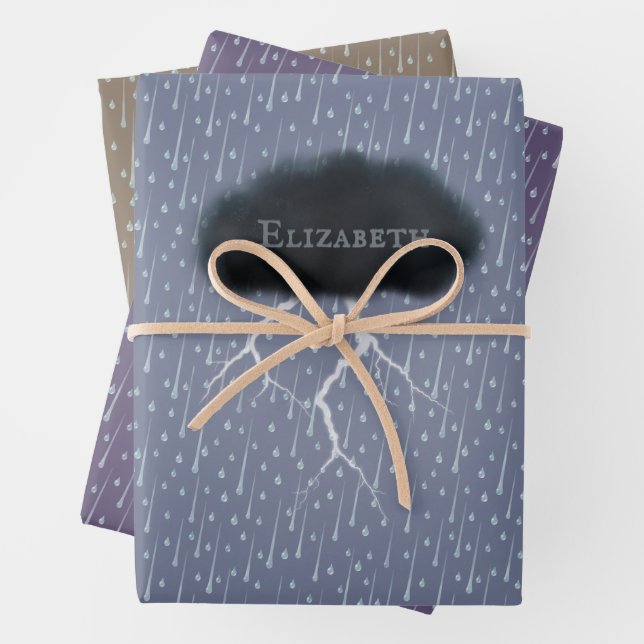 Personalized Thunder Cloud Rain & Lightning Stormy Wrapping Paper Sheet (In situ)