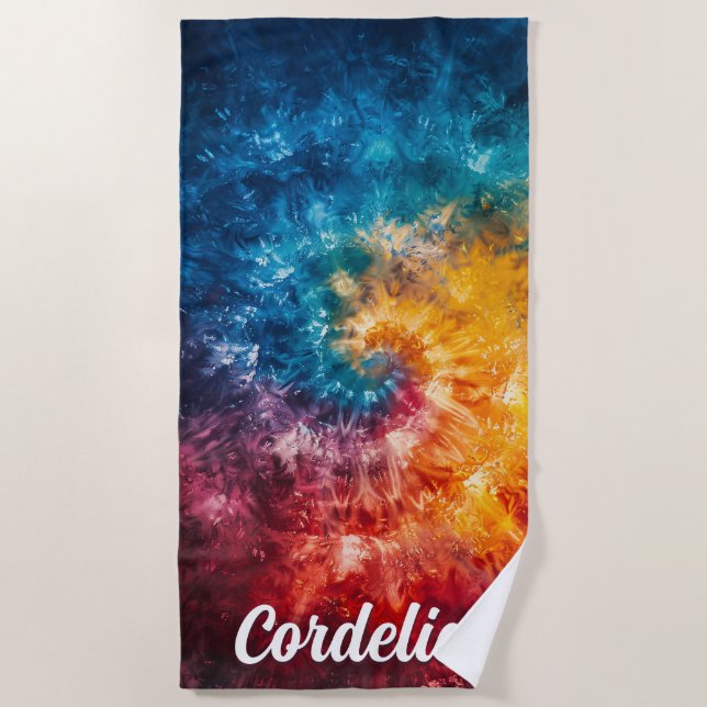 Personalized Tie Dye Beach Towel with Custom Name (Front)
