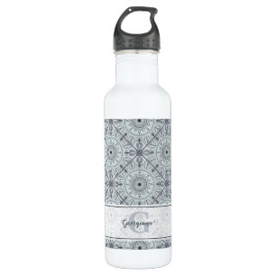 Personalized Tiled Floral Harmony Grey Mandala 710 Ml Water Bottle