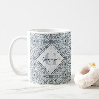 Personalized Tiled Floral Harmony Grey Mandala Coffee Mug