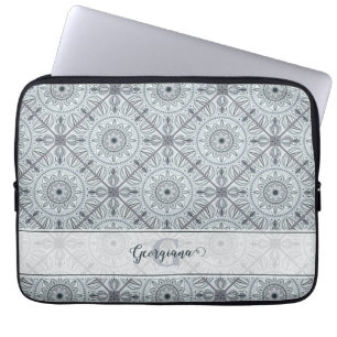 Personalized Tiled Floral Harmony Grey Mandala Laptop Sleeve