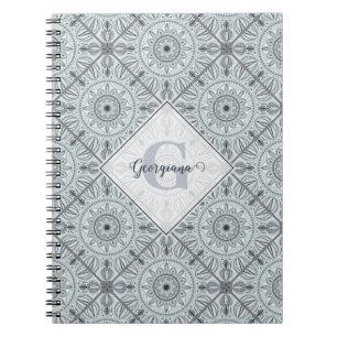 Personalized Tiled Floral Harmony Grey Mandala Notebook
