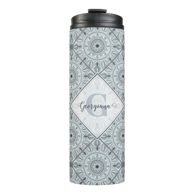 Personalized Tiled Floral Harmony Grey Mandala Thermal Tumbler (Front)