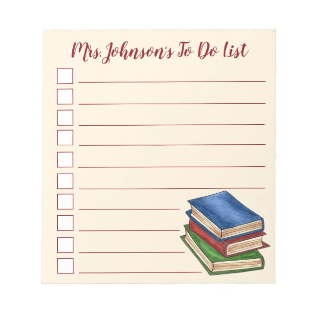 Personalized To Do List Library Books Teacher Notepad (Front)