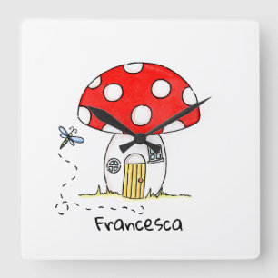 Personalized Toadstool & Dragonfly Square Wall Clock