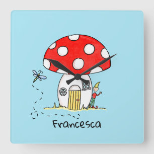 Personalized Toadstool, Elf & Dragonfly Square Wall Clock