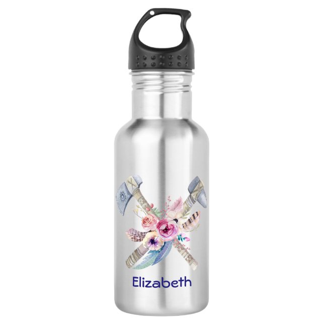 Personalized Tomahawk Feathers and Flowers 532 Ml Water Bottle (Front)
