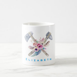 Personalized Tomahawk Feathers and Flowers Coffee Mug