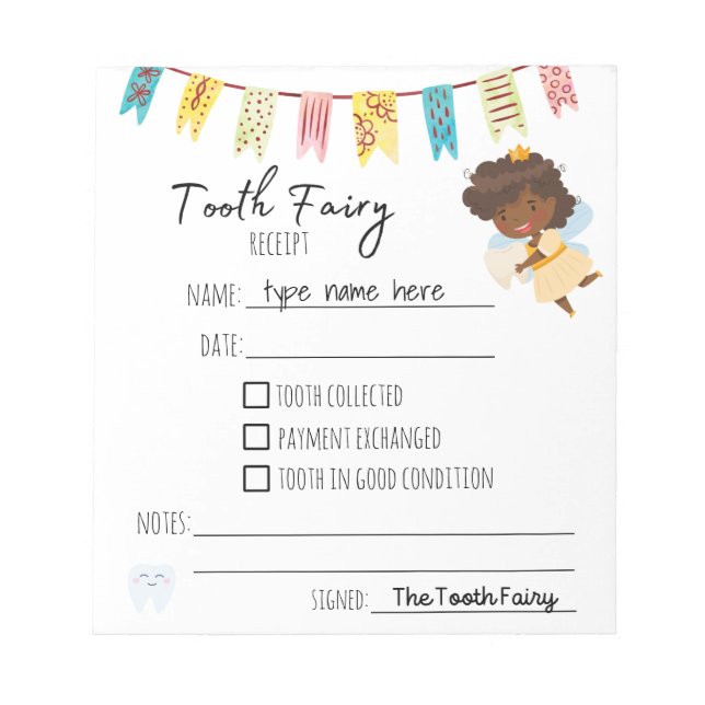 Personalized Tooth Fairy Receipts Gender Neutral Notepad (Front)